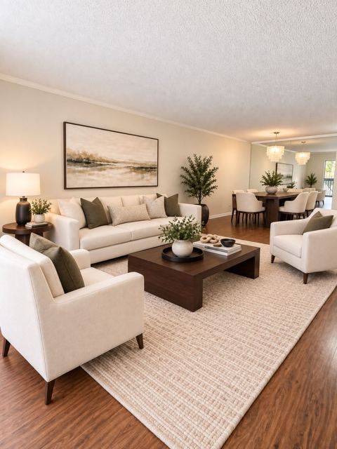 Living and dining room, virtually staged (virtually staged photo, furniture and decor added digitally)