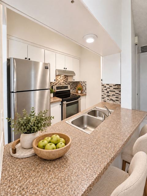 Kitchen, virtually staged (virtually staged photo, furniture and decor added digitally)
