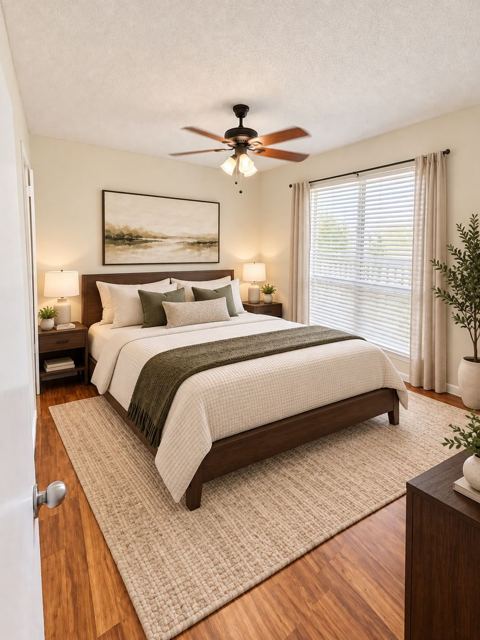Primary bedroom, virtually staged (virtually staged photo, furniture and decor added digitally)