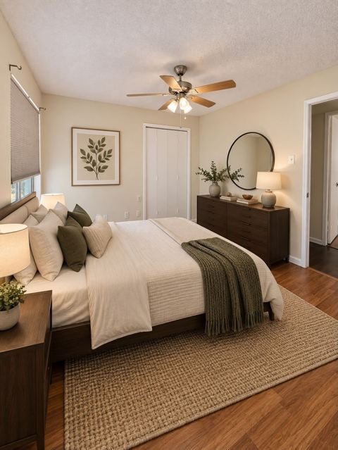 Second bedroom, virtually staged (virtually staged photo, furniture and decor added digitally)