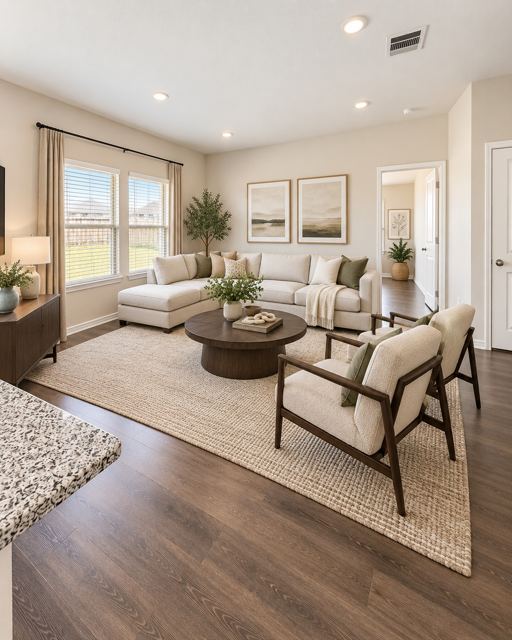 Living room, virtually staged (virtually staged photo, furniture and decor added digitally)