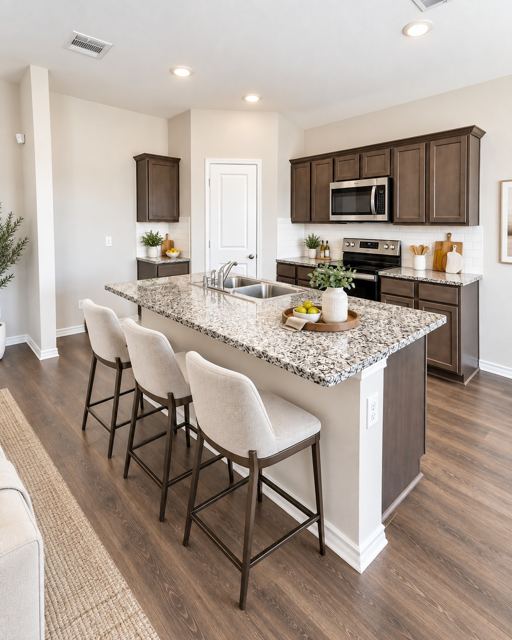 Kitchen, virtually staged (virtually staged photo, furniture and decor added digitally)