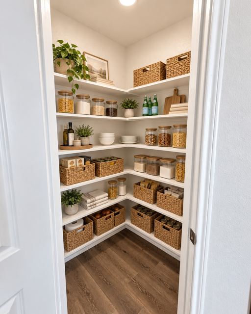 Walk-in pantry, virtually staged (virtually staged photo, furniture and decor added digitally)