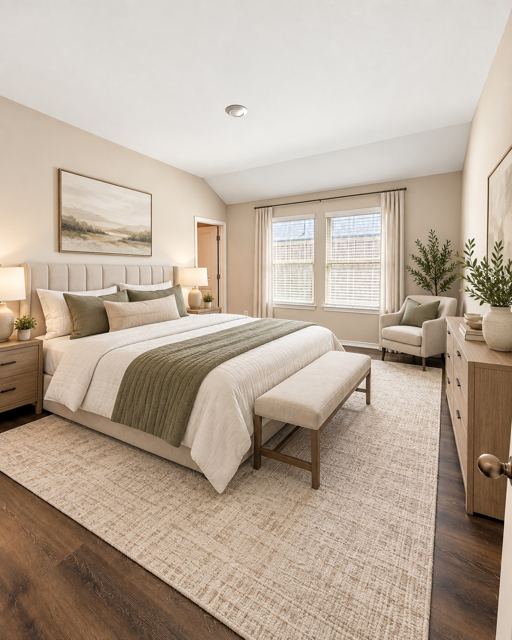 Primary bedroom, virtually staged (virtually staged photo, furniture and decor added digitally)