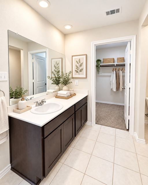 Primary bath, virtually staged (virtually staged photo, furniture and decor added digitally)