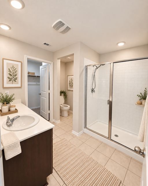 Primary bath shower, virtually staged (virtually staged photo, furniture and decor added digitally)