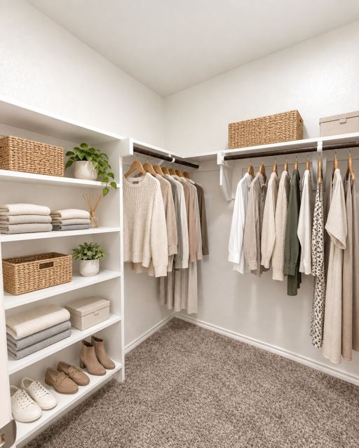 Primary closet, virtually staged (virtually staged photo, furniture and decor added digitally)