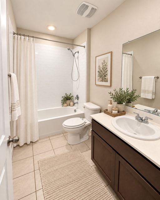 Hall bath, virtually staged (virtually staged photo, furniture and decor added digitally)
